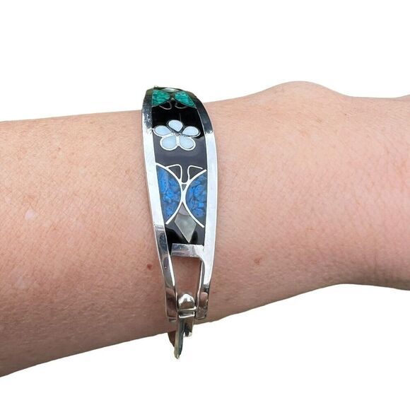 Vintage Alpaca Mexico Women's Bracelet Abalone Shell Floral Silver Tone Signed - Picture 9 of 16